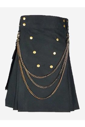 Kilt de mode noir guerrier moderne avec chaînes en argent - Kilt Ecossais