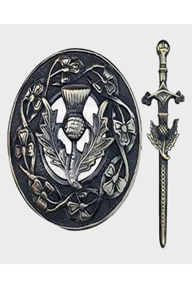 Broche à carreaux noir antique Thistle Fly et épingle à kilt | Kilt Écossais