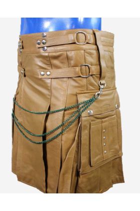 Kilt en cuir marron foncé pour hommes avec détail de chaîne - Kilt Ecossais