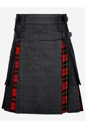 Kilt en denim noir à la mode avec tartan Wallace classique - Kilt Ecossais