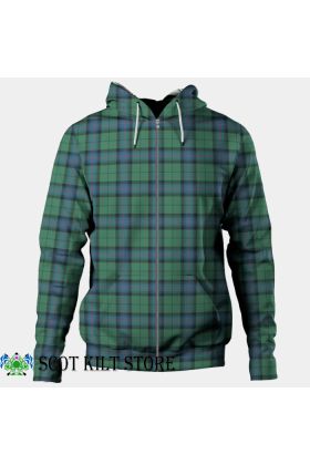 Vue de face du Sweat à Capuche Zippé en Tartan Écossais Ancien du Clan Armstrong, mettant en avant le motif emblématique du tartan ancien Armstrong, une fermeture zippée complète, une capuche réglable et des poches spacieuses alliant style et praticité.